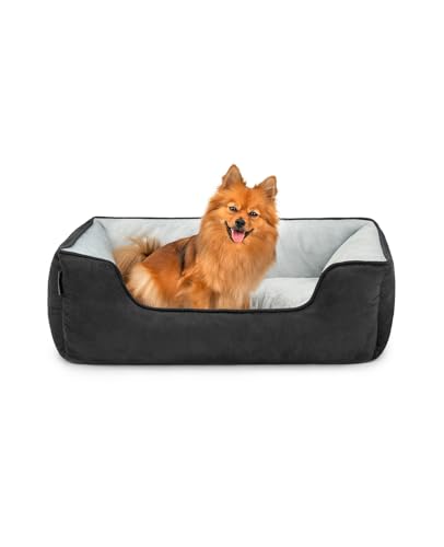 lionto Hundebett 2-in-1 mit komfortablem Einstieg, kuscheliges Heimtierbett zum Wenden für Hunde und Katzen, 80x60 cm, Hundekissen in pflegeleichter Wildlederoptik, schwarz/grau von lionto