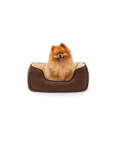 lionto Hundebett 2-in-1 mit komfortablem Einstieg, kuscheliges Heimtierbett zum Wenden für Hunde und Katzen, 60x50 cm, Hundekissen in pflegeleichter Wildlederoptik, braun/beige von lionto