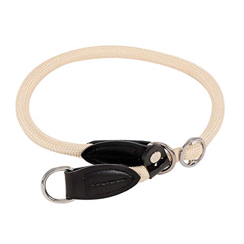 lionto Hundehalsband aus strapazierfähigem Nylon für Hundetraining, Länge 45 cm, 1 cm Dicke, Zugstopp Halsband für Hunde, Lederimitat mit Metallring & Anpassung durch stufenlosen Schieber, beige von lionto