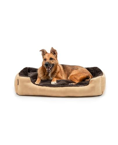 lionto Hundebett mit Wendekissen und Rutschfester Unterseite, Robustes Heimtierkissen mit tiefem Einstieg für Hunde und Katzen jeden Alters, 90x70 cm, kuscheliges Hundekissen, braun/beige von lionto