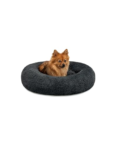 lionto Donutbett für Hunde und Katzen, Flauschiges Hundebett rund für kleine und große Heimtiere, Ø 60 cm, weiches Katzenbett aus kuscheligem Plüsch, Hundekissen mit extra Dicker Füllung, dunkelgrau von lionto