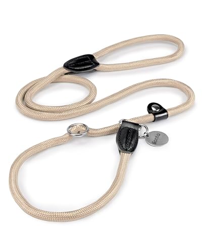 lionto Retrieverleine robust und wetterfest für Hunde Aller Größen, schnell anzulegende Hundeleine und Halsband in Einem, 120 cm, fellschonende Führleine mit integriertem Zugstopp, vegan, beige von lionto