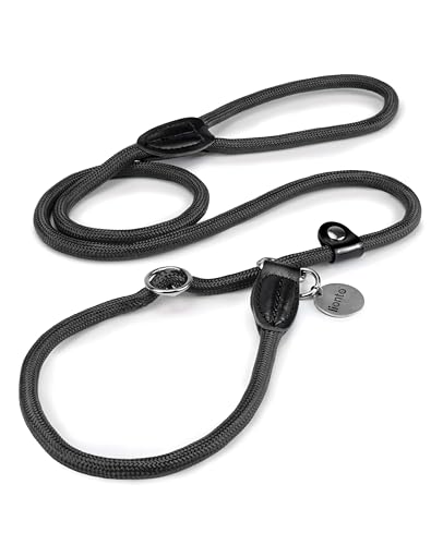 lionto Retrieverleine robust und wetterfest für Hunde Aller Größen, schnell anzulegende Hundeleine und Halsband in Einem, 120 cm, fellschonende Führleine mit integriertem Zugstopp, vegan, schwarz von lionto