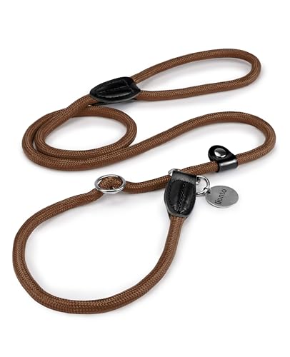 lionto Retrieverleine robust und wetterfest für Hunde Aller Größen, schnell anzulegende Hundeleine und Halsband in Einem, 170 cm, fellschonende Führleine mit integriertem Zugstopp, vegan, braun von lionto