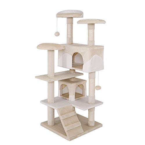 lionto Kratzbaum für Katzen mit 2 Plüschbällen & 3 Plattformen, Höhe 130 cm, Katzenbaum mit Sisal & weichem Plüsch, gemütliche Liegeflächen & Höhlen, für kleine & große Katzen geeignet, beige/weiß von lionto
