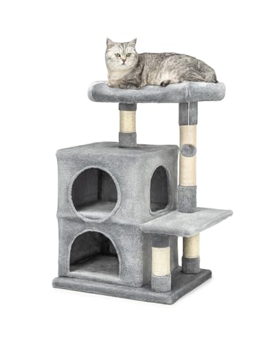 lionto Kratzbaum für Katzen mit 2 Höhlen & gemütlicher Liegefläche, Höhe 80 cm, Katzenbaum mit Plüschball inkl. Glöckchen, mit Sisalseil & Plüsch, für kleine & große Katzen geeignet, hellgrau lionto Kratzbaum für Katzen mit 2 Höhlen & gemütlicher Liegefläche, Höhe 80 cm, Katzenbaum mit Plüschball inkl. Glöckchen, mit Sisalseil & Plüsch, für kleine & große Katzen geeignet, hellgrau von lionto