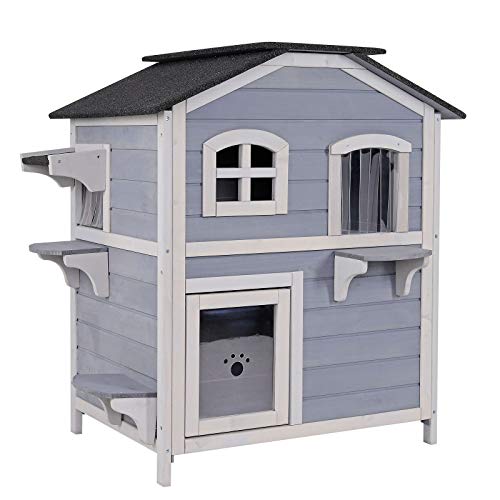 lionto Katzenvilla aus Tannenholz mit Bitumendach für drinnen und draußen, Katzenhaus über 2 Etagen mit Stufen, 80x55x90 cm, Lamellenvorhang und Fenster, Hütte für große Katzen geeignet, grau/weiß lionto Katzenvilla aus Tannenholz mit Bitumendach für drinnen und draußen, Katzenhaus über 2 Etagen mit Stufen, 80x55x90 cm, Lamellenvorhang und Fenster, Hütte für große Katzen geeignet, grau/weiß von lionto