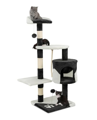 lionto Kratzbaum für Katzen mit 2 Plüschbällen & Spielseil, Höhe 112 cm, Katzenbaum mit Sisalseil & Plüsch, gemütliche Liegefläche & Höhle, inkl. Wandhalterung, für kleine & große Katzen, schwarz/weiß von lionto