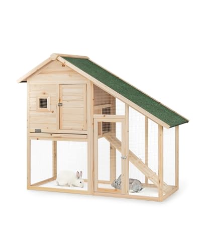 lionto Kaninchenstall aus Holz auf Zwei Etagen mit Rampe, 140x65x119 cm, wasserabweisendes Bitumendach & Drahtgitter, Hasenstall Winterfest für draußen mit 2 Eingängen & herausnehmbarer Schublade von lionto