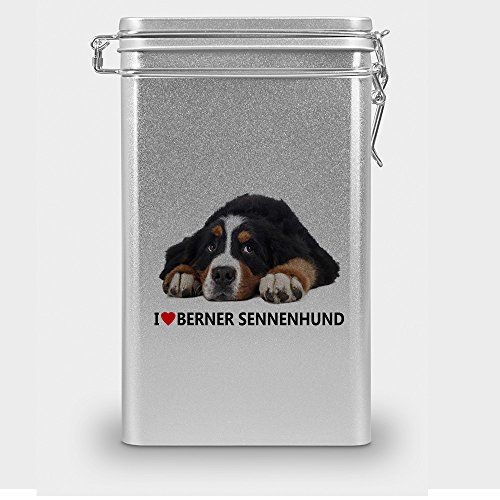 Hundefutterdose "Berner Sennenhund", Vorratsdose, Leckerliedose, Blech-Dose, Hundenapf mit Motiv "Berner Sennenhund" - silber von digital print