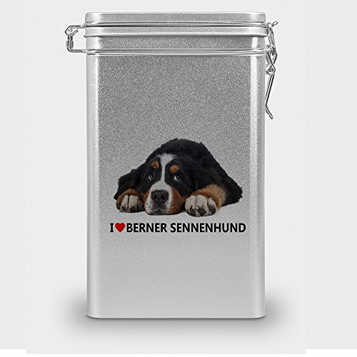 Hundefutterdose "Berner Sennenhund", Vorratsdose, Leckerliedose, Blech-Dose, Hundenapf mit Motiv "Berner Sennenhund" - silber von digital print