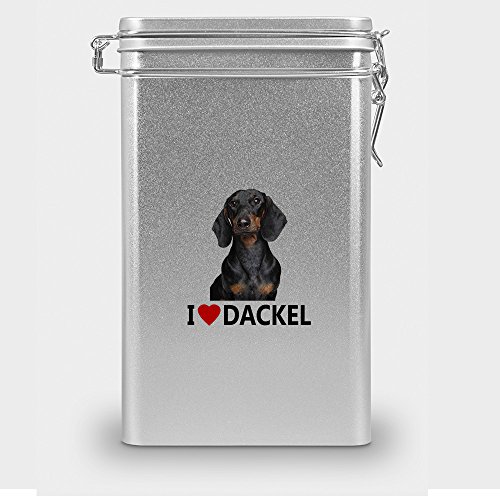 Hundefutterdose "Dackel", Vorratsdose, Leckerliedose, Blech-Dose, Hundenapf mit Motiv "Dackel" - silber von digital print