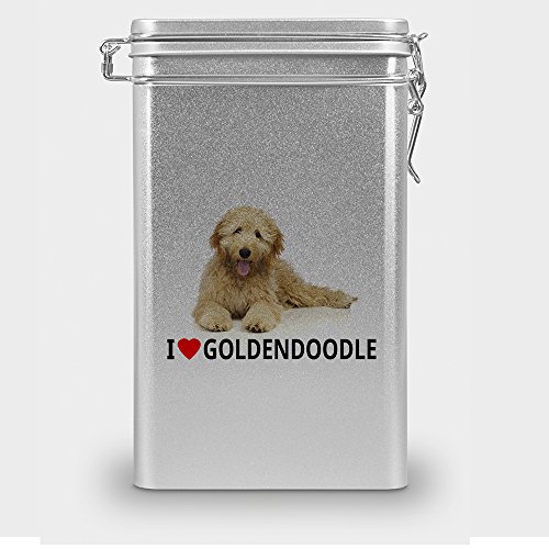 Hundefutterdose "Goldendoodle", Vorratsdose, Leckerliedose, Blech-Dose, Hundenapf mit Motiv "Goldendoodle" - silber von digital print