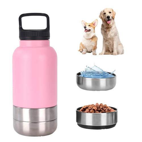dijiusidy Tragbare Trinkflasche Hunde für Unterwegs, 3-in-1 Hunde Trinkflasche mit 2 Eine Abnehmbare Schüssel, Edelstahl Hundetrinkflasche für Unterwegs, Wandern, Reisen, Camping (Rosa, 950ml) von dijiusidy