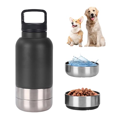 dijiusidy Tragbare Trinkflasche Hunde für Unterwegs, 3-in-1 Hunde Trinkflasche mit 2 Eine Abnehmbare Schüssel, Edelstahl Hundetrinkflasche für Unterwegs, Wandern, Reisen, Camping (Schwarz, 950ml) von dijiusidy