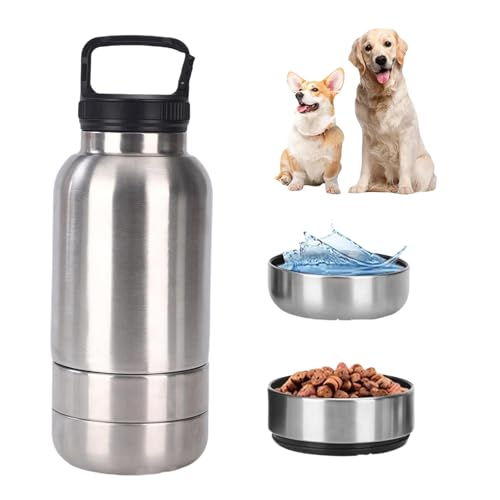 dijiusidy Tragbare Trinkflasche Hunde für Unterwegs, 3-in-1 Hunde Trinkflasche mit 2 Eine Abnehmbare Schüssel, Edelstahl Hundetrinkflasche für Unterwegs, Wandern, Reisen, Camping (Silber, 950ml) von dijiusidy