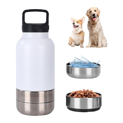 dijiusidy Tragbare Trinkflasche Hunde für Unterwegs, 3-in-1 Hunde Trinkflasche mit 2 Eine Abnehmbare Schüssel, Edelstahl Hundetrinkflasche für Unterwegs, Wandern, Reisen, Camping (Weiß, 950ml) von dijiusidy