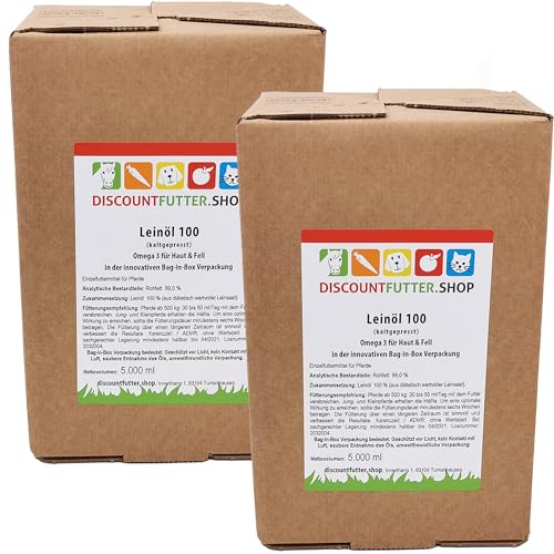 discountfutter.shop - Leinöl 100 für Pferde (2 x 5 Liter) – kaltgepresst & 100% aus Leinsaat – Reich an Omega-3 & Vitamin E – Unterstützt Fellglanz, Verdauung & Immunsystem – Ergänzungsfuttermittel von discountfutter.shop