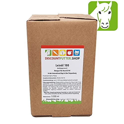 Pferde Leinöl 100% 5 Liter Bag in Box I reichhaltig an Omega-3-Fettsäuren (Alpha-Linolensäure) für das Immunsystem, Haut und Fell, hergestellt in DE, nachhaltig verpackt von discountfutter.shop