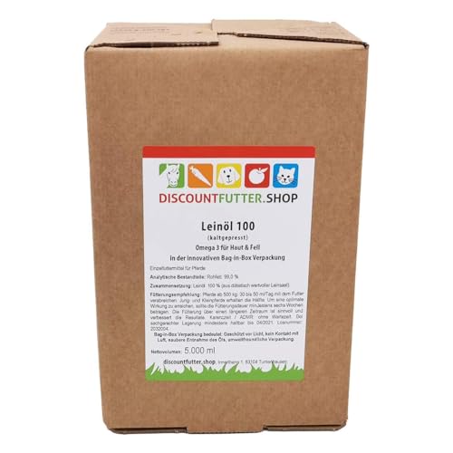 Pferde Leinöl 100% 5 Liter Bag in Box I reichhaltig an Omega-3-Fettsäuren (Alpha-Linolensäure) für das Immunsystem, Haut und Fell, hergestellt in DE, nachhaltig verpackt von discountfutter.shop