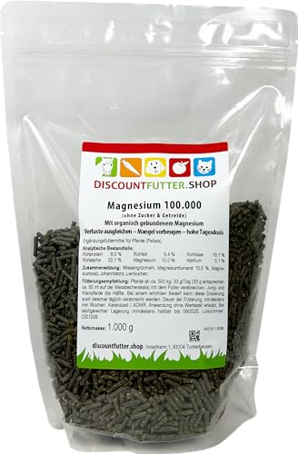 Magnesium 100.000 Pellets für Pferde 1 kg I Pferdefutter ohne Getreide und Zuckerzusatz hochdosiert, Diätfuttermittel für Magnesium Mangel, stärkt Muskelstoffwechsel von DISCOUNTFUTTER.SHOP