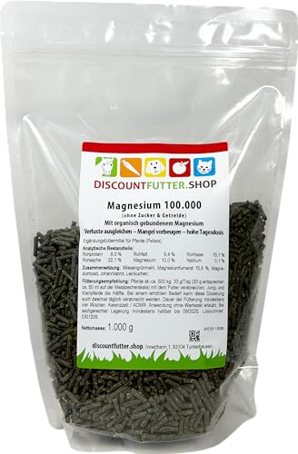 discountfutter.shop - Magnesium 100.000 - Pellets1 kg I ohne Getreide und Zuckerzusatz hochdosiert, Futtermittel für schreckhafte Pferde und Pferde mit Magnesiummangel, stärkt Muskelstoffwechsel von DISCOUNTFUTTER.SHOP