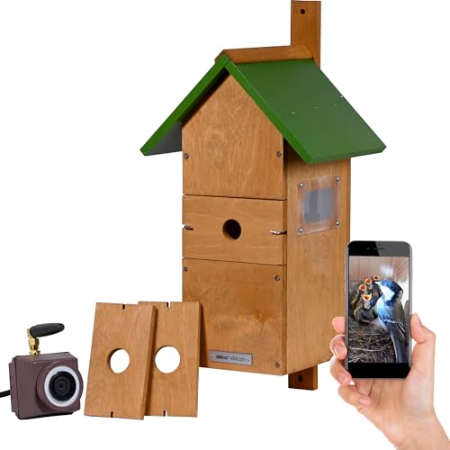 dobar® Großer Nistkasten Spitzdach aus Holz inklusive HD WiFi-Kamera und App mit austauschbaren Einfluglöchern - 25,5 x 22,5 x 53 cm - Grün-Braun von dobar