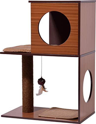 dobar Katzenmöbel Kelly, Katzenhöhle mit Kratzsäule, Spielball und flauschigem Katzenbett, 54 x 34 x 77 cm, braun von dobar
