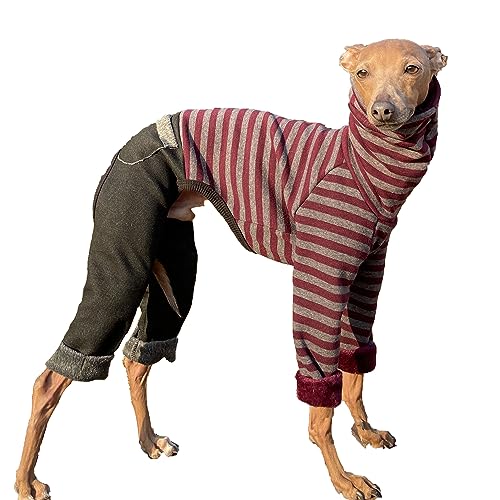 D Doggy Star Einteiler für italienische Windhunde, gestreift, Fleece, dehnbar, Denim, Einteiler für Hunde, Rollkragen-Outfits, Mantel (XXL, Denim, Burgunderrot) von doggystar