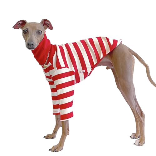 D Doggy Star Italienische Windhundkleidung, flexibles T-Shirt für Hunde, Größe XL, gestreift rot/elfenbeinfarben von doggystar