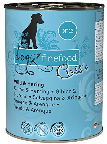 dogz finefood Hundefutter nass - N° 12 Wild & Hering - Feinkost Nassfutter für Hunde & Welpen - getreidefrei & zuckerfrei - hoher Fleischanteil, 6 x 400 g Dose von Dogz finefood