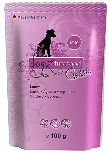 dogz finefood Hundefutter nass - N° 10 Lamm - Feinkost Nassfutter für Hunde & Welpen - getreidefrei & zuckerfrei - hoher Fleischanteil, 12 x 100 g Beutel von Dogz finefood
