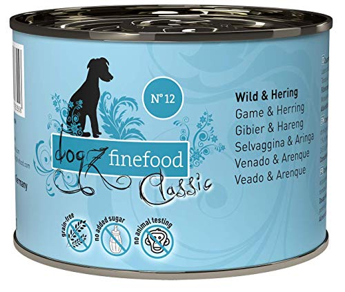 dogz finefood Hundefutter nass - N° 12 Wild & Hering - Feinkost Nassfutter für Hunde & Welpen - getreidefrei & zuckerfrei - hoher Fleischanteil, 6 x 200 g Dose von dogz finefood