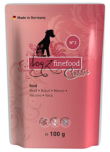 dogz finefood Hundefutter nass - N° 2 Rind - Feinkost Nassfutter für Hunde & Welpen - getreidefrei & zuckerfrei - hoher Fleischanteil, 12 x 100 g Beutel von Dogz finefood