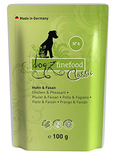 dogz finefood Hundefutter nass - N° 4 Huhn & Fasan - Feinkost Nassfutter für Hunde & Welpen - getreidefrei & zuckerfrei - hoher Fleischanteil, 12 x 100 g Beutel von Dogz finefood