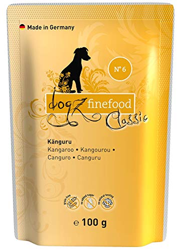 dogz finefood Hundefutter nass - N° 6 Känguru - Feinkost Nassfutter für Hunde & Welpen - getreidefrei & zuckerfrei - hoher Fleischanteil, 12 x 100 g Beutel von Dogz finefood