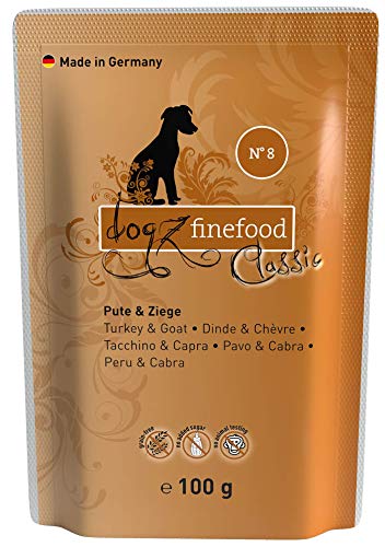 dogz finefood Hundefutter nass - N° 8 Pute & Ziege - Feinkost Nassfutter für Hunde & Welpen - getreidefrei & zuckerfrei - hoher Fleischanteil, 12 x 100 g Beutel von Dogz finefood