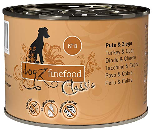 dogz finefood Hundefutter nass - N° 8 Pute & Ziege - Feinkost Nassfutter für Hunde & Welpen - getreidefrei & zuckerfrei - hoher Fleischanteil, 6 x 200 g Dose von Dogz finefood