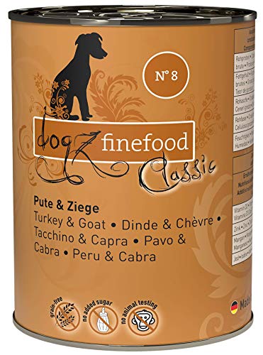 dogz finefood Hundefutter nass - N° 8 Pute & Ziege - Feinkost Nassfutter für Hunde & Welpen - getreidefrei & zuckerfrei - hoher Fleischanteil, 6 x 400 g Dose von Dogz finefood