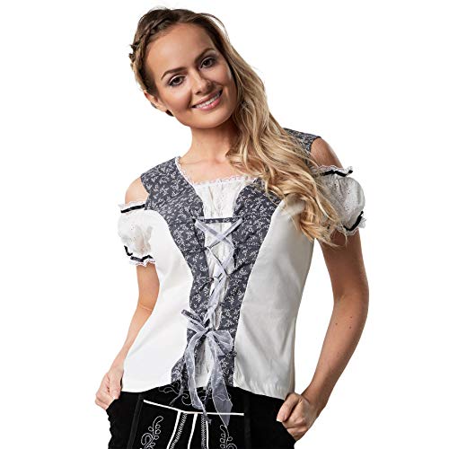 dressforfun 900632 Trachtenbluse mit Carmen Ausschnitt, Schnürung, Kurzarm, weiß grau blau - Diverse Größen - (M | Nr. 303171) von dressforfun