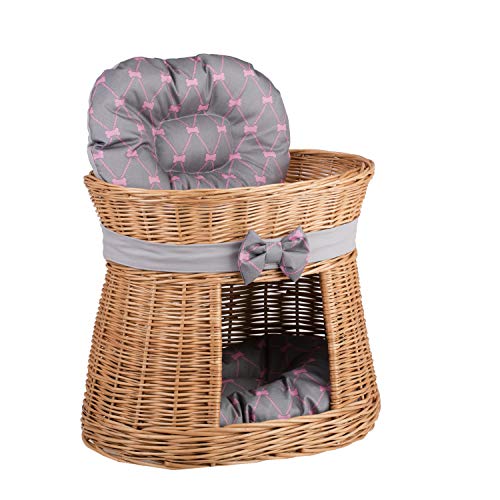 e-wicker24 Ovale Katzenhütte in Naturfarbe, Katzenkorb aus Weide, Korb für die Katze mit Zwei Etagen, Katzenlager mit Kissen, Katzenturm (Grau) von e-wicker24 Alles aus Weide