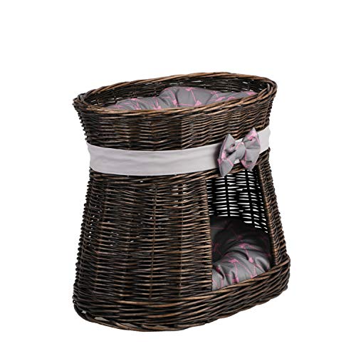 e-wicker24 Ovale dunkelbraune Katzenhütte, Katzenkorb aus Weide, Korb für die Katze mit Zwei Etagen, Katzenlager mit Kissen, Katzenturm (Grau) von e-wicker24 Alles aus Weide