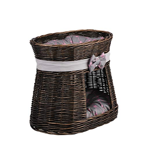 Ovale dunkelbraune Katzenhütte, Katzenkorb aus Weide, Korb für die Katze mit Zwei Etagen, Katzenlager mit Kissen, Katzenturm (Grau) von e-wicker24 Alles aus Weide