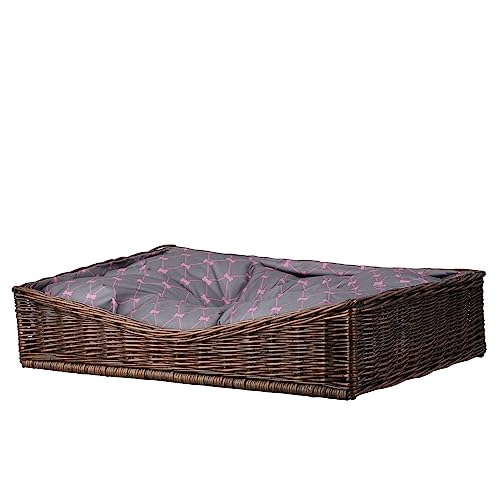 e-Wicker24 Hundebett aus Weide, braun, rechteckig, gefüttert, mit schönem Kissen, grau, bedruckt, kleine rosa Knochen (braun/grau) von e-wicker24 Alles aus Weide