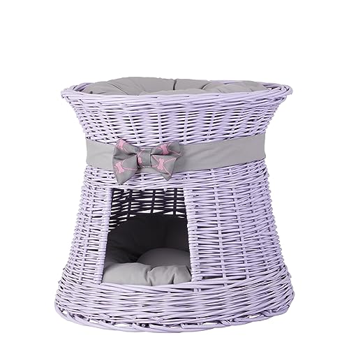 e-wicker24 Alles aus Weide Bett, Höhle, Korb aus Weide mit 2 Kissen für Hunde/Katzen, Weidenhaus auf zwei Etagen (Violett) von e-wicker24 Alles aus Weide