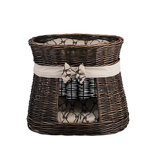 e-wicker24 Ovale dunkelbraune Katzenhütte, Katzenkorb aus Weide, Korb für die Katze mit Zwei Etagen, Katzenlager mit Kissen, Katzenturm (Beige) von e-wicker24 Alles aus Weide