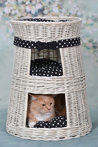 e-wicker24 Runde Katzenhütte in Beige, Katzenkorb aus Weide, Korb für die Katze mit DREI Etagen, Katzenlager mit Kissen, Katzenturm von e-wicker24 Alles aus Weide