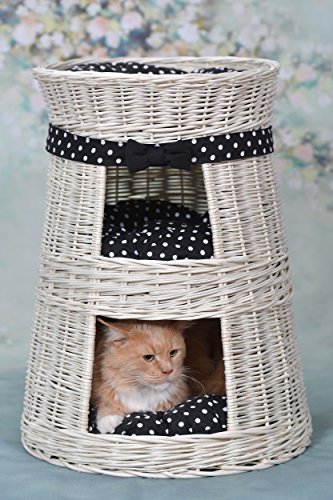 Runde Katzenhütte in Beige, Katzenkorb aus Weide, Korb für die Katze mit DREI Etagen, Katzenlager mit Kissen, Katzenturm von e-wicker24 Alles aus Weide