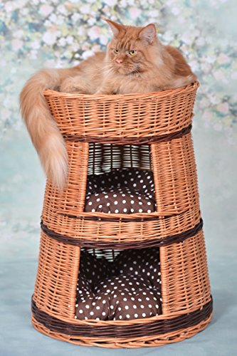 Runde Katzenhütte in Naturfarbe, Katzenkorb aus Weide, Korb für die Katze mit DREI Etagen, Katzenlager mit Kissen, Katzenturm von e-wicker24 Alles aus Weide