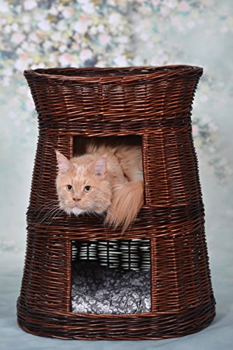Runde Katzenhütte in Wengegrau, Katzenkorb aus Weide, Korb für die Katze mit DREI Etagen, Katzenlager mit Kissen, Katzenturm von e-wicker24 Alles aus Weide